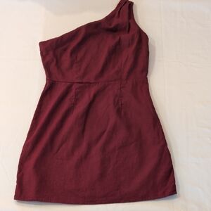 a new day One-Shoulder Minimalist Preppy Linen Blend Mini Dress Burgundy M